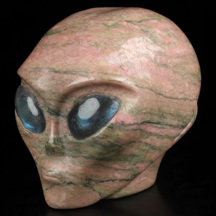 无底价 令人惊叹的蔷薇辉石 颅骨 - Hand Carved Alien Skull With Labradorite Eyes - 80 mm - 66 mm - 86 mm