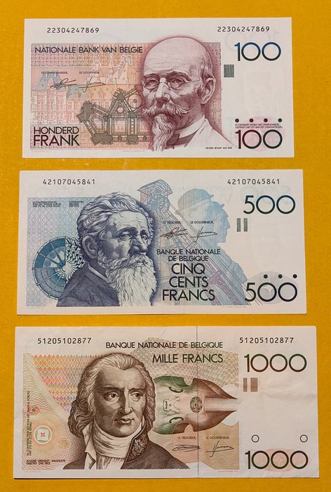 Bélgica. - 100, 500, 1000 Francs ND (1982-1992) - Pick 142, 143, 144  (Sem preço de reserva)