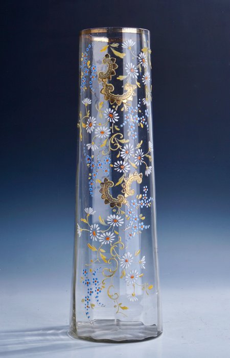 Vase -  Eine große polychrome Jugendstilvase mit Emaille-Blumendekor • gemarkt  - Emaille, Glas