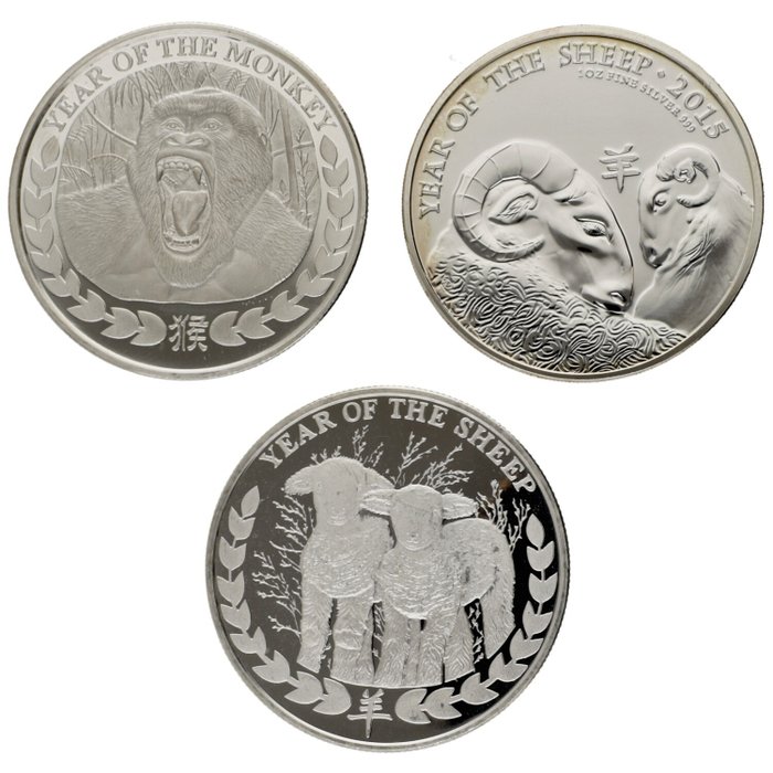 Regatul Unit, Somaliland. 2 Pounds / 1000 Shillings 2015/2016 ''Sheep & Monkey'', 3x1 Oz (.999)  (Fără preț de rezervă)