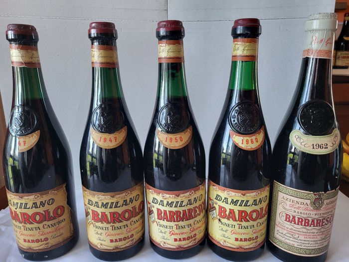 1947 x2, 1950, 1960 Barolo & 1962 Barbaresco, Damilano - Piemont - 5 Flasche (0,72 l)