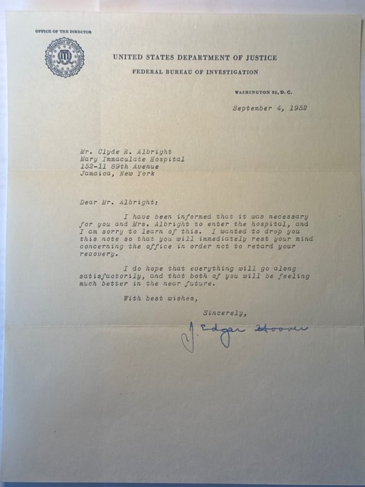 FBI Director Egar Hoover - 1 autograph signed letter to Special FBI-Agent C. R. Albright - 1952