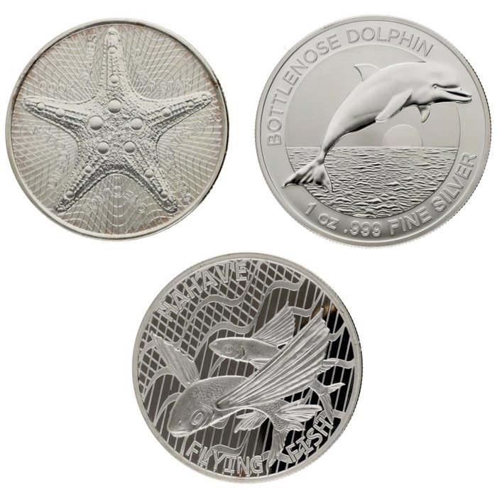 Mundo. 1 Dollar / 5 Dollars 2019/2020 ''Sea animals'', 3x1 Oz (.999)  (Sem preço de reserva)
