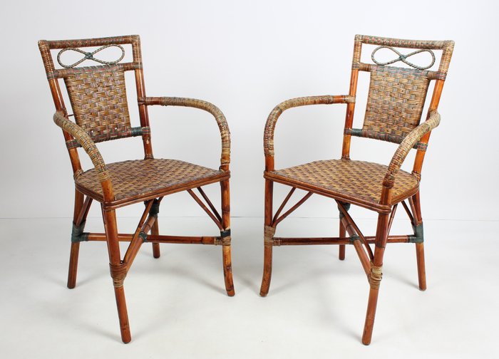 Stuhl - Zwei Stühle – Bambus, Holz, geflochtenes Korbgeflecht