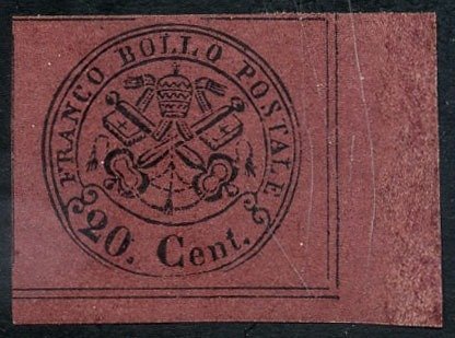 意大利古城邦-教皇国 1857 - 20美分红棕色第二期，完好无损。华丽的床单角 - Sassone N. 18