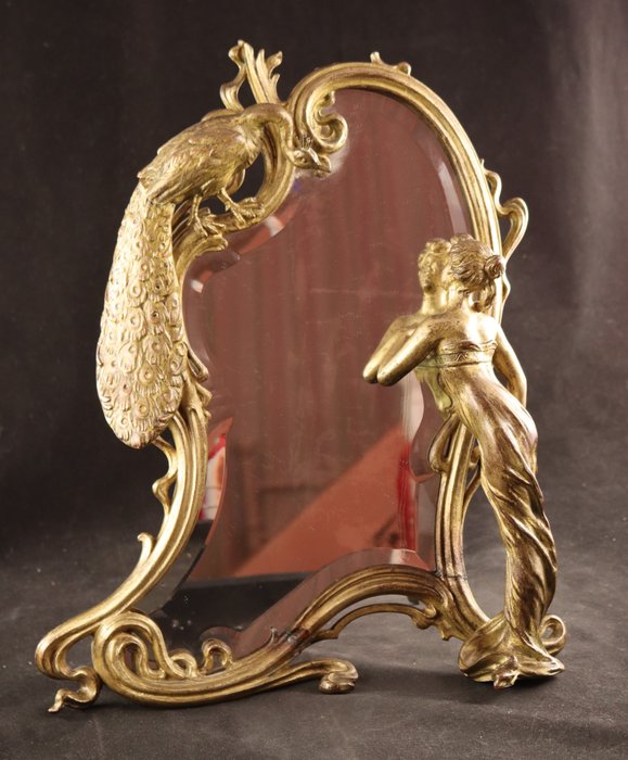 Sculpturale Art Nouveau - Spiegel  - Glas, Goudkleurig metaal