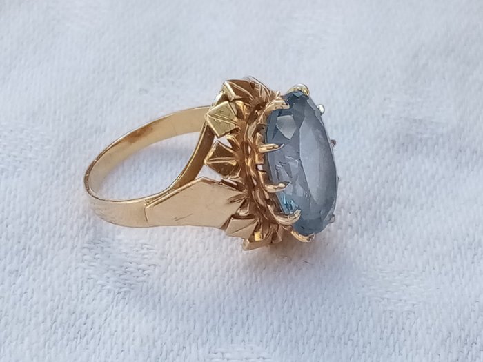 戒指 - 18 克拉 黃金 海藍寶石 