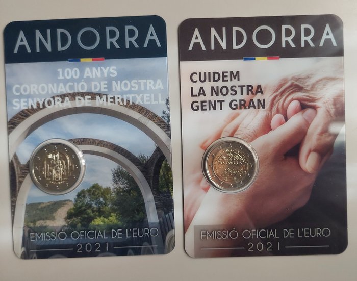 Andorra. 2 Euro 2021 "Cuidem la Nostra Gent Gran" + "Meritxell" (2 coins)  (没有保留价)