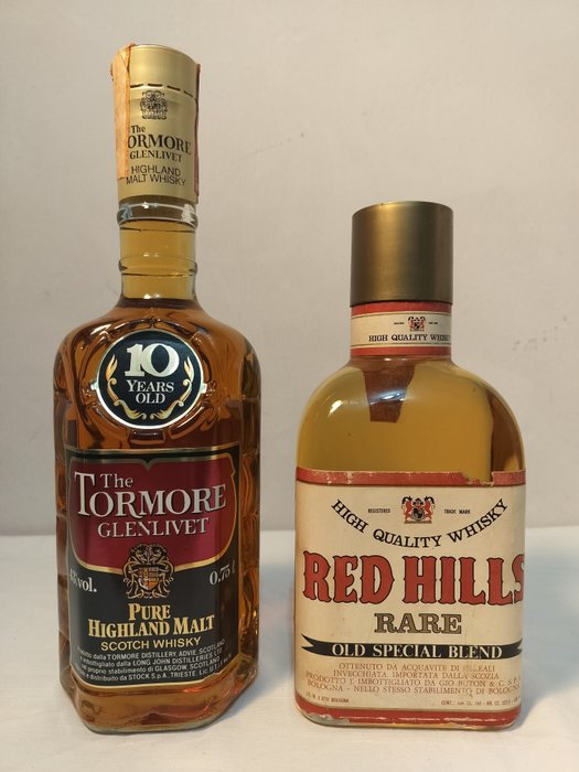 Tormore-Glenlivet 10yo + Red Hill  - b. 1970er Jahre, 1980er Jahre - 75 cl - 2 flaschen