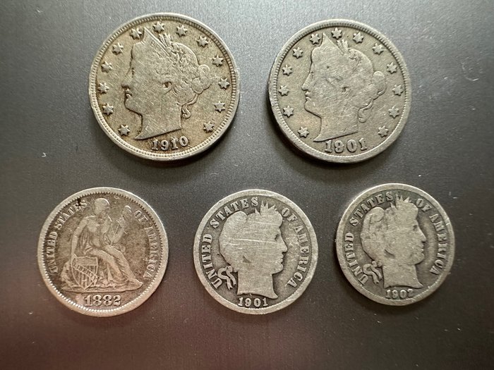 Stany Zjednoczone. A lot of 5x USA coins, including 1882 Seated Liberty Dime  (Bez ceny minimalnej
)