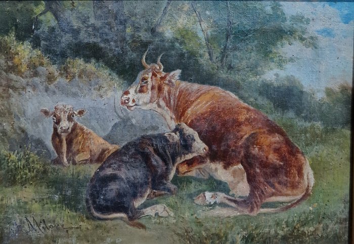 Antonio MILONE (1834-1919) - Paesaggio con mucche