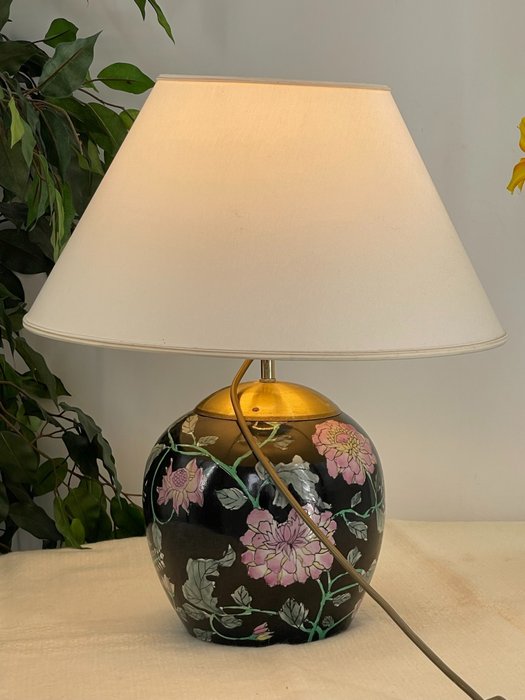 Lampe de table - Lampe de table Art Déco chinoise peinte de fleurs - Porcelaine