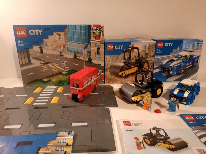 Lego - City - 60304+60401+60312 - Wegplaten, Stoomwals, Politiewagen