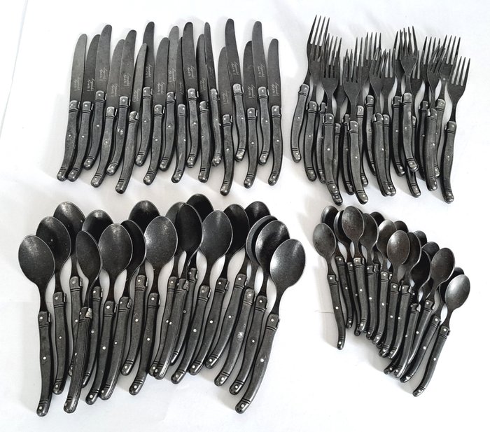 Laguiole - 餐具套装 (72) - 18人餐具，黑色石洗 - 钢材（不锈钢）