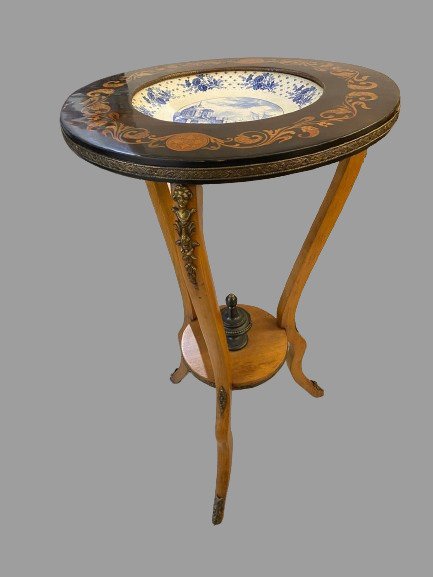 Tavolino da salotto - Ceramica, Ottone, Bois noirci / stained wood, Marquetry