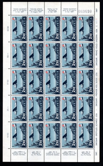 Schweiz 1947 - 1. flyvning Genève til New York i et komplet ark med 25 frimærker - Gratis forsendelse over hele - Zumstein luchtpost 042