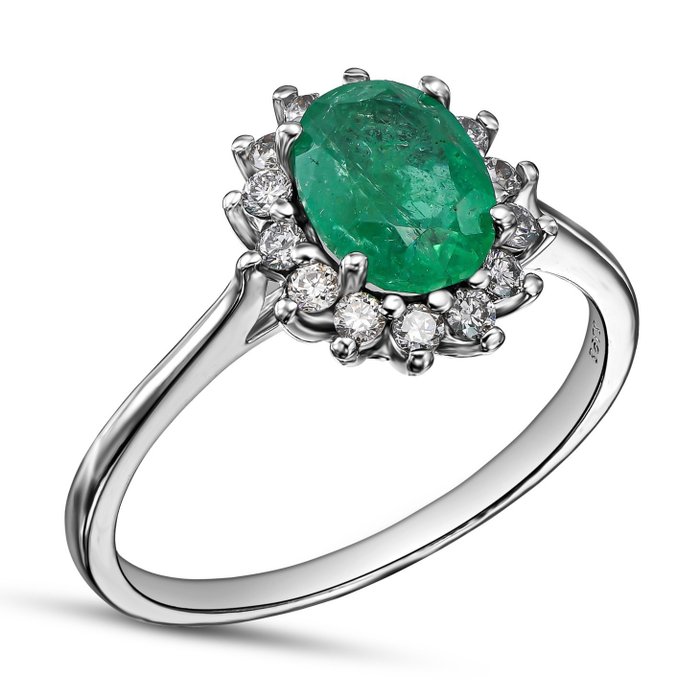 Utan reservationspris - Ring - 14 kt Vittguld -  1.58 tw. Smaragd - Diamant 