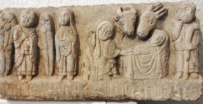 Skulptur, Die Verkündigung und die Geburt Christi - 18 cm - Kalkstein