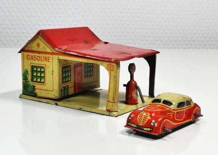G. Fischer (Germany) #  - Blikken speelgoed Pennytoy "ESSO Tankstation" mét limousine, - 1930-1940 - Duitsland