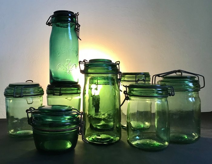 L' Idéale , Dufor , La Lorraine , Solidex - Topf (9) - seltene französische Einmachgläser/Vorratsgläser aus grünem Glas