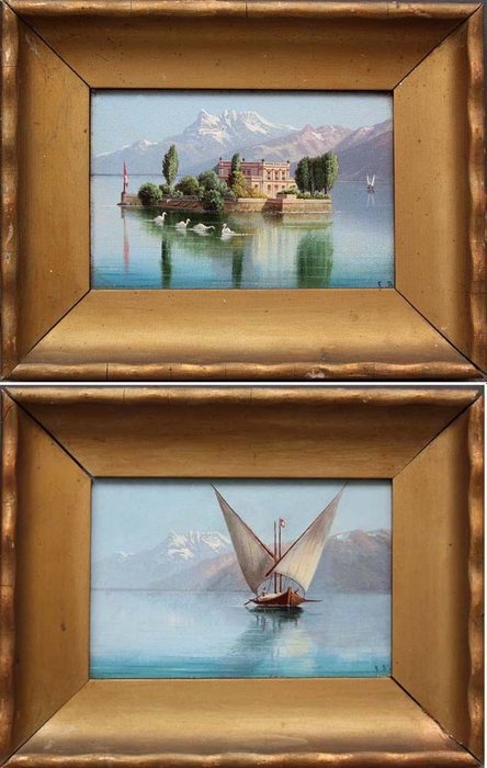 Swiss monogrammist, ca. 1900 - A pair of views : " Sailing boat on the Lake Geneva" and "Island and Villa Salagnon on the Lake