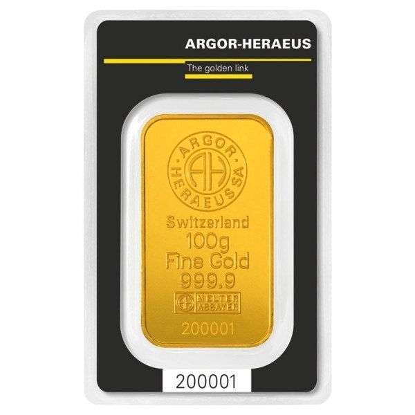 100 grams - Guld .999 - Argor, Heraeus - Förseglad och med intyg