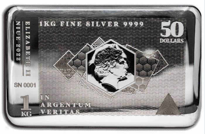 紐埃. 50 Dollars 2022 1 Kilo, Note Silver Coin-Bar