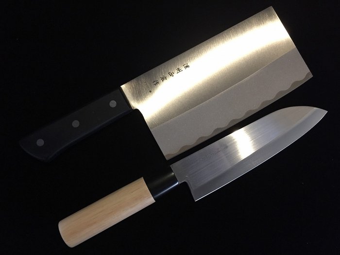 濃州正宗 NOSHU MASAMUNE / Set of 2 / 中華 CHUKA 三得 SANTOKU - Nóż stołowy (2) - Japoński nóż kuchenny - Drewno, Stal