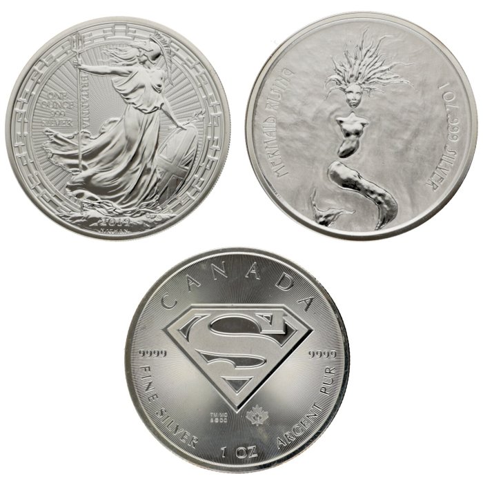 Mundo. 1 Dollar / 2 Pounds / 5 Dollars 2016/2019 ''Superman & Mermaid & Britannia'', 3x1 Oz (.999)  (Sem preço de reserva)