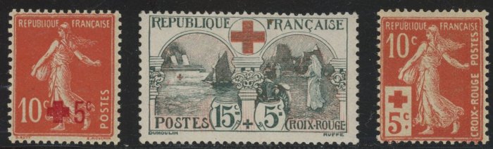 Francia 1914/1918 - Cruz Roja - Lote de 3 buenos valores - Frescura postal - Magnífico - Valoración: 407 € - Yvert 146/47 + 156
