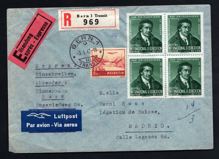 Svizzera 1940/1942 - Pestalozzi III in blocco da 4 con lettera espressa/raccomandata - Spedizione gratuita in tutto il
