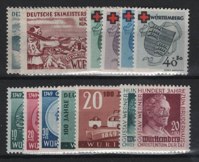 Württemberg - zona francese 1949 - Serie di francobolli speciali completate - Michel 38-52 ohne Bl.1