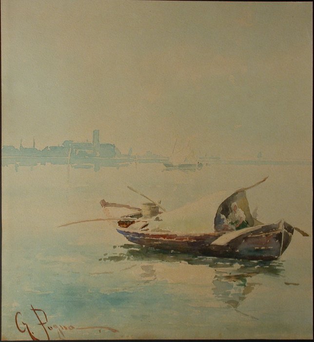 Giuseppe Pogna (1845-1907) - Fischerboote vor Küstenlandschaft