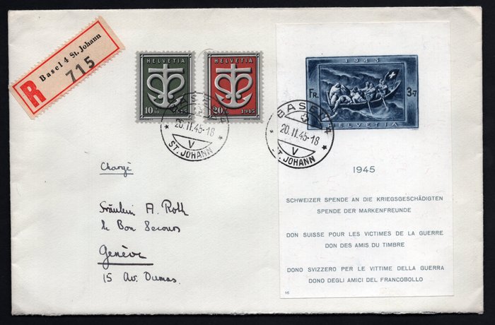 Szwajcaria 1945 - Blok ze znaczkiem pierwszego dnia na liście poleconym — bezpłatna wysyłka na cały świat - Zumstein 21 / Michel Blok 11