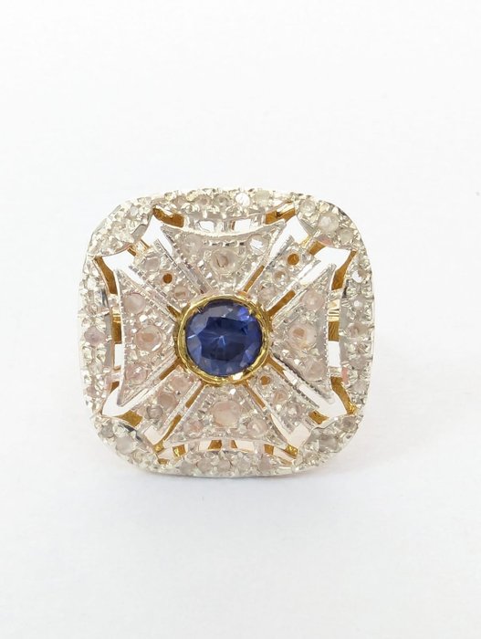Ohne Mindestpreis - NO RESERVE PRICE - Ring - 9 Kt Gelbgold, Silber Saphir - Diamant 