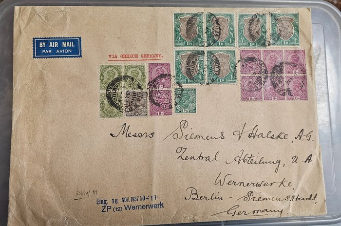 India 1937/1937 - 1937 (11 Nov) large cover, flown from Calcutta, "Via Greece Germany", franked with George V - Sgh