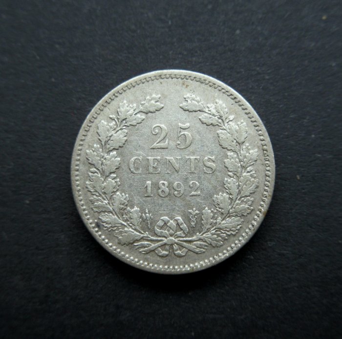 荷蘭. Wilhelmina (1890-1948). Kwartje of 25 Cent 1892 Schaars  (沒有保留價)