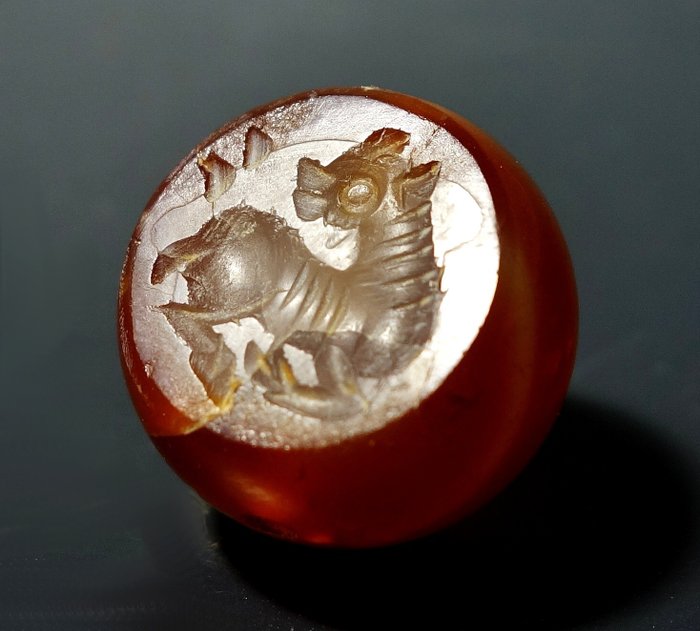 薩珊王朝 刻有臥式動物的紅玉髓郵票印章 封印 - 17 mm  (沒有保留價)