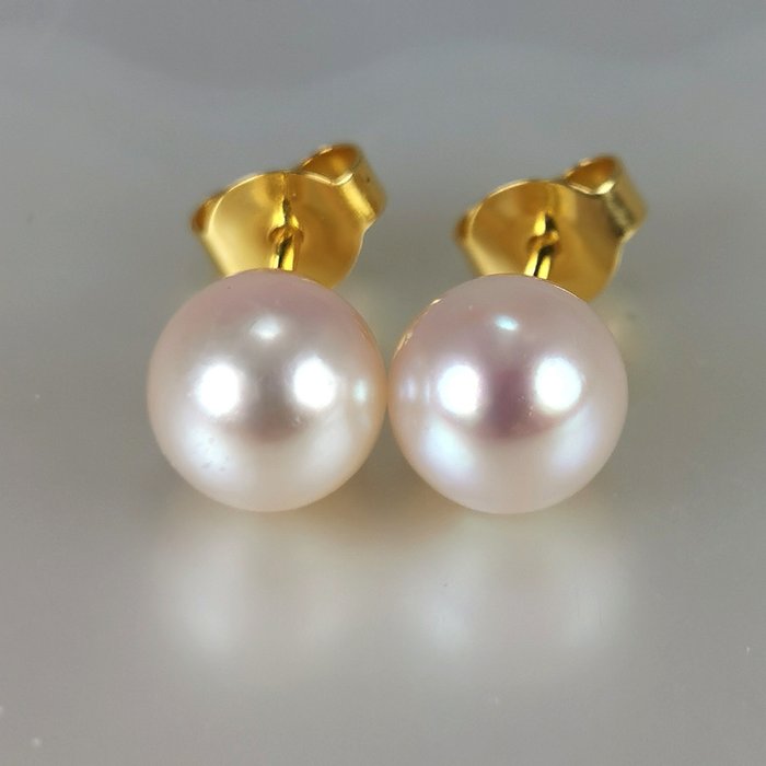 Japanese Akoya pearls Ø 7x7,5 mm - Oorbellen Geel goud Parel 