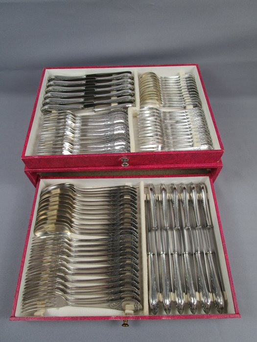 Set tacâmuri - Tacâmuri de masă placate cu argint Art Nouveau - cu poza „Silver 100” - 12 persoane / 84 buc