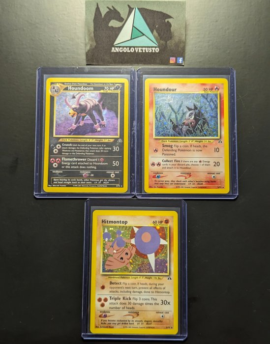 Pokémon - 3 Card - Pokémon Vintage - Set Neo Discovery ENG 2001 - Holo Rare - Houndour, Houndoom, Hitmontop