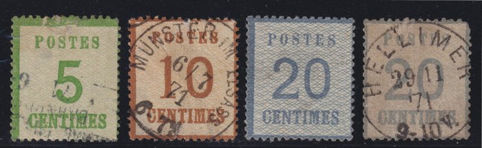 Frankrike 1870 - Parti frimärken från Alsace - Lorraine, från nr 4 till nr 6 makulerade. - Yvert