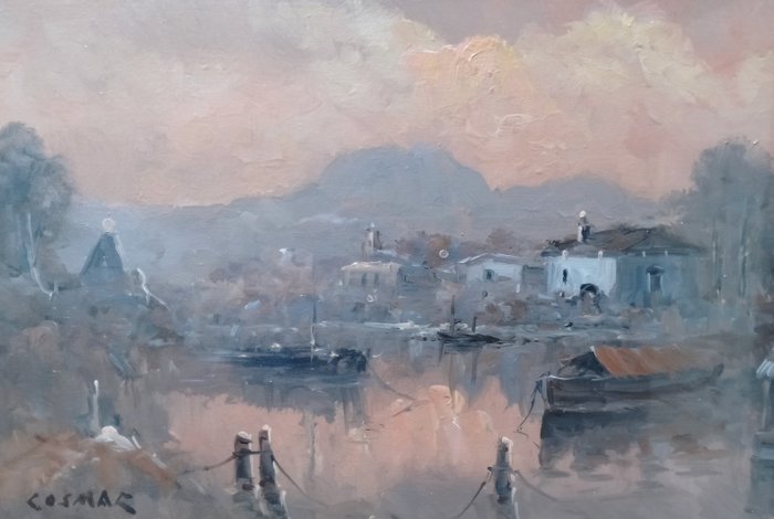 Scuola italiana (XX) - Paesaggio fluviale al tramonto