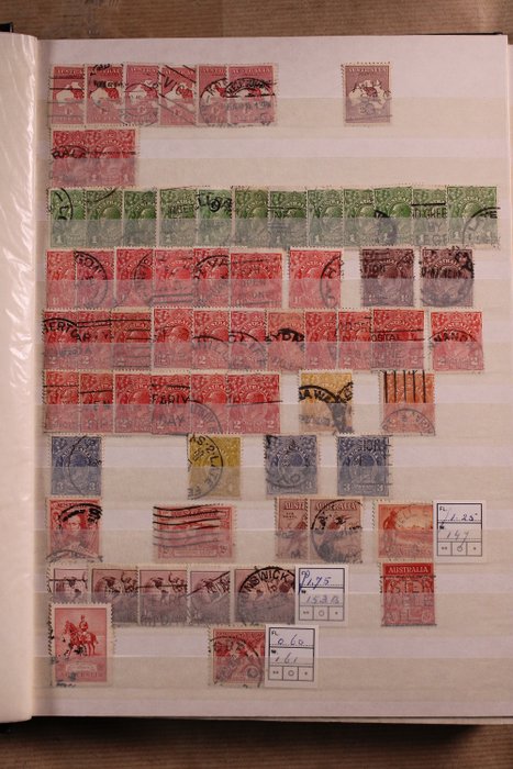 Austrália 1914/1994 - Lote de selos e FDCs em livro de estoque e pinça