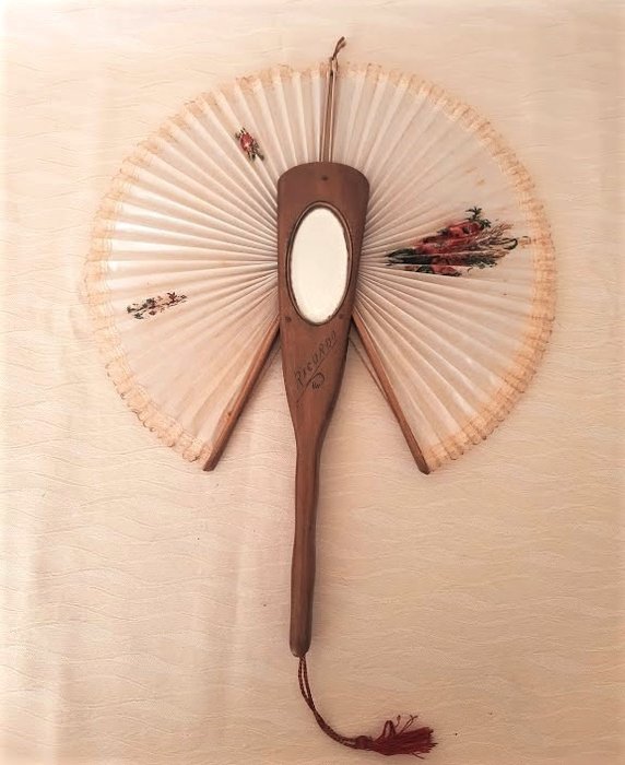Hand fan - Sorrento inlay - Paper, Wood (Olive), Lace