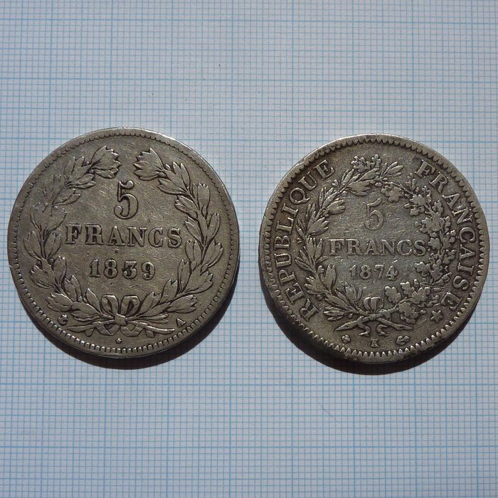 Ranska. 5 Francs 1839-A e 1874-K (2 monete)  (Ei pohjahintaa)
