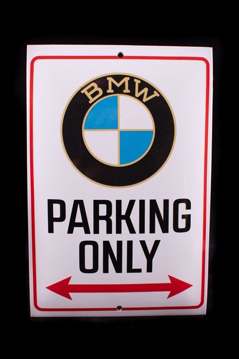 Sign - BMW - "PARKING ONLY" sign; garage sign; enamel material