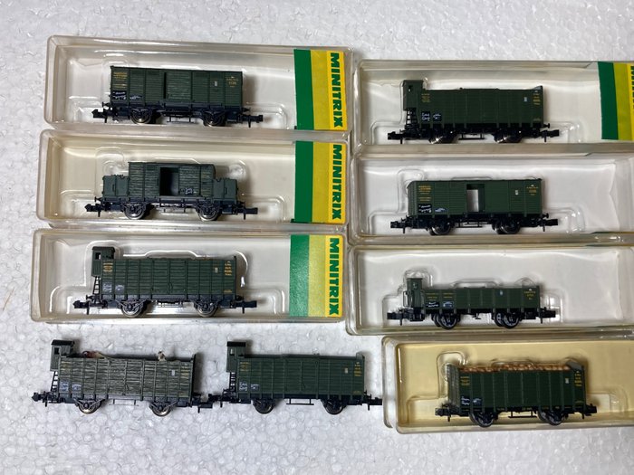 Minitrix N - 13203, 13235, 13404, 51/ 3202, 3203, 3212 - Model train freight carriage (9) - Various x 9 - K.Bay.Sts.B