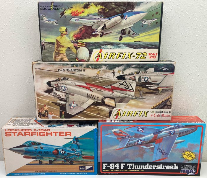 Airfix/MPC 1:72 - Háborús repülőgép - Vintage Airfix Buccaneer, Phantom II, rare MPC (Airfix) Starfighter en Thunderstreak plastic model
