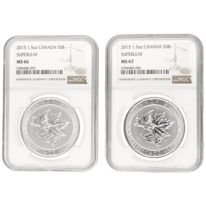 Canada. 8 Dollars 2015 ''SuperLeaf'', 2x1,5 Oz (.999) - MS66 and 67  (Fără preț de rezervă)